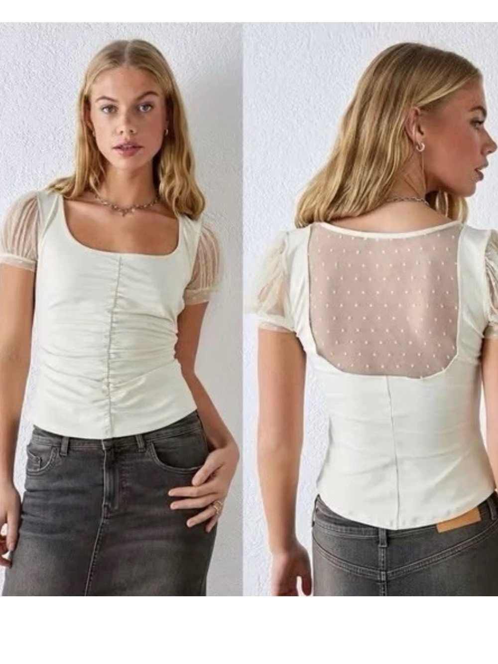 Intimately Free People Ivory Ruched Square Neck Mesh Puff Sleeve Top Sheer Polka